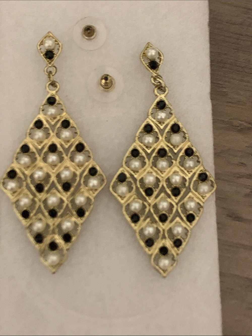 Gold-Tone Pearl & Black Stone Lattice Drop Earrings - Women Jewelry
